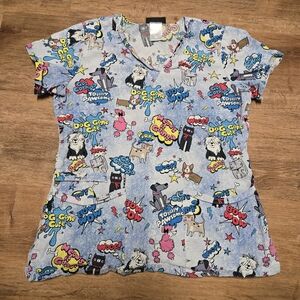 Cherokee Dog Cat Graphic Scrub Top Size Medium